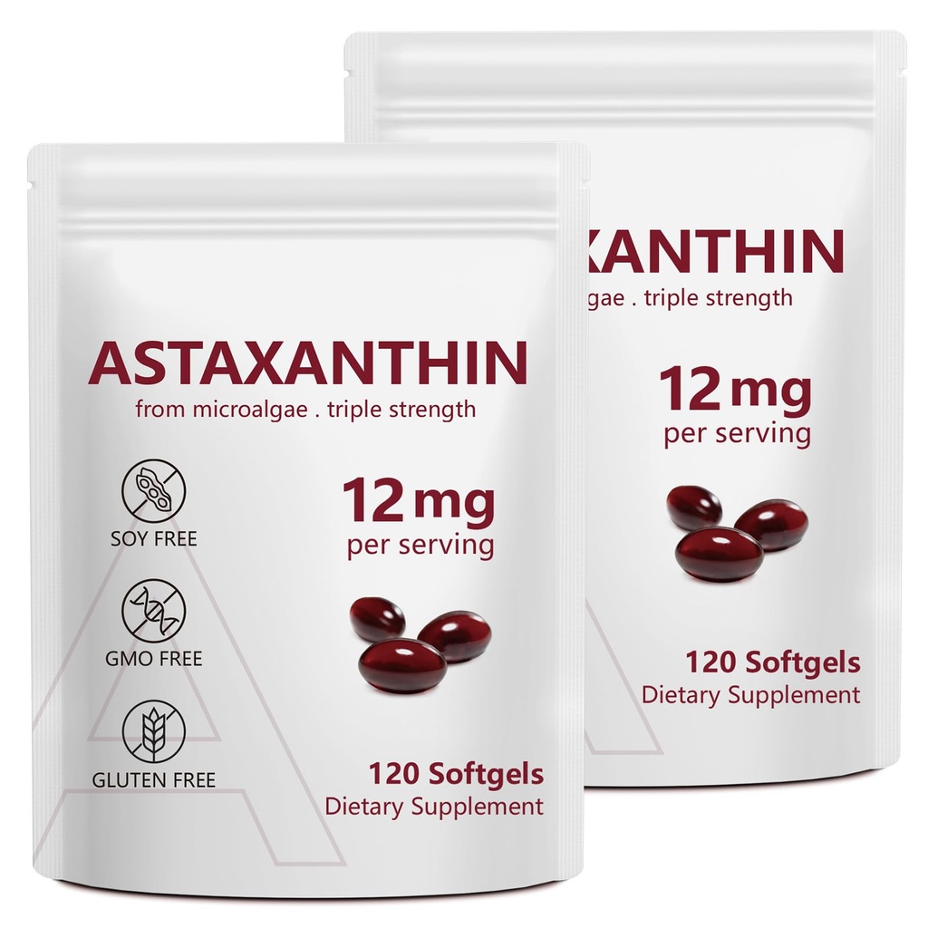 2 Pack Astaxanthin 12mg, Premium Astaxanthin Antioxidant Suplementos con Actividad Antioxidante, soporta Ojo, Inmune, Salud de la piel, Circulación Interna