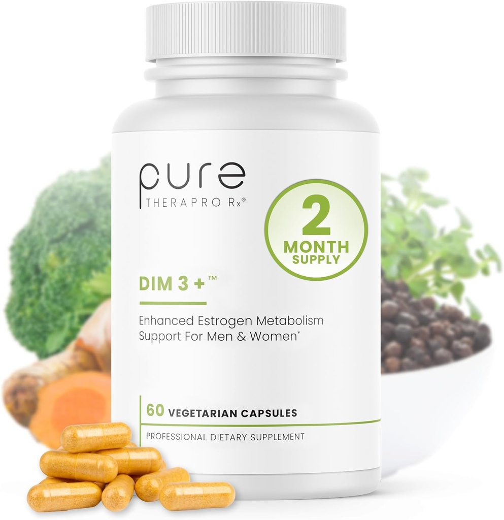 Pure Therapro Rx DIM 3+ ← 60 Vegan Caps - 2 Mes de Suministro Silencioso DIM, Curcumin & BioPerine, apoya el metabolismo saludable del estrógeno en hombres & mujeres, antioxidante " Apoyo a la desintoxicación, grado farmacéutico