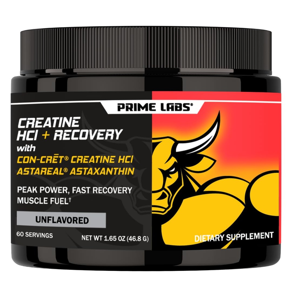 Prime Labs Creatine HCl Powder con AstaReal Astaxanthin 6mg - Soportes Muscle Recovery & Brain Health - Con-Cret Creatine HCl (7X Más concentrado que Monohydrate) - 60 Servings