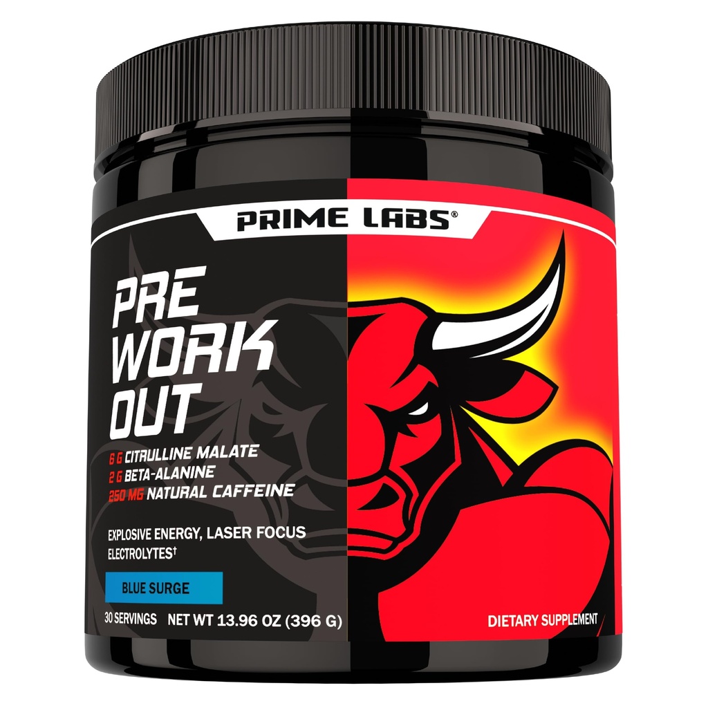 Prime Labs Pre Workout Powder para Hombres - con Citrulline Malate, Beta-Alanine y Caffeine Natural - Energía, Focus, Power - Blue Lemonade Flavor - 30 Servimientos