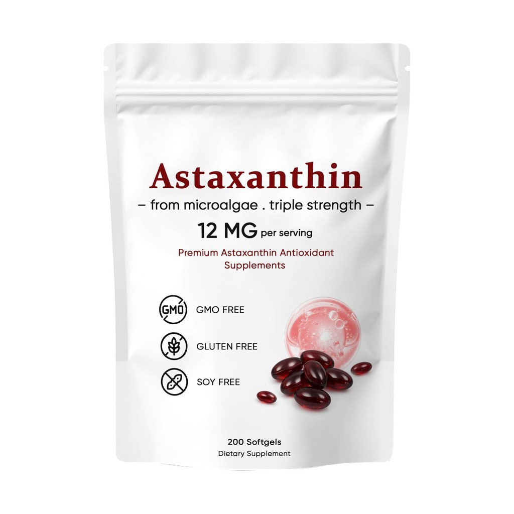 Astaxanthin 12mg, Premium Astaxanthin Antioxidant Suplementos, soporta el ojo, la piel, la inmune, la articulación, la circulación interna, no GMO Verified & Gluten Gratis - 200 Softgels