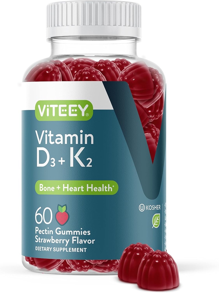 VITEEY Vitamina D3 K2 Gummies - 1000 UI Vitamina D3 y K2 100mcg - Bone & Heart Health for Adults and Teens - Vegetarian, Gelatin Gratis, GMO Gratis - Tasty Chewable D3K2 Vitaminas Strawberry Flavored Gummy
