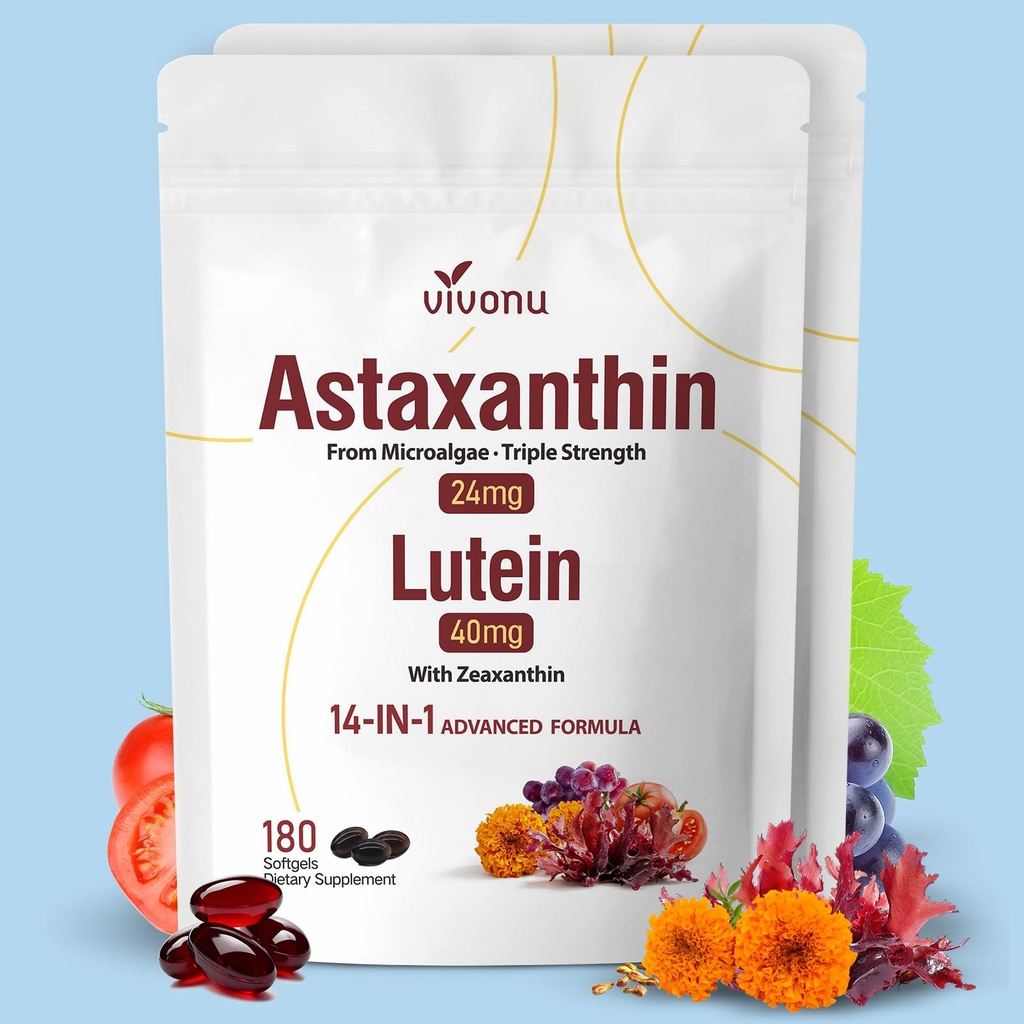 VivoNu 14-in-1 Astaxanthin 24mg &amp; Lutein 40mg con suplementos de Zeaxanthin, fuente de 12 meses, 360 Softgels, 2 Bolsa