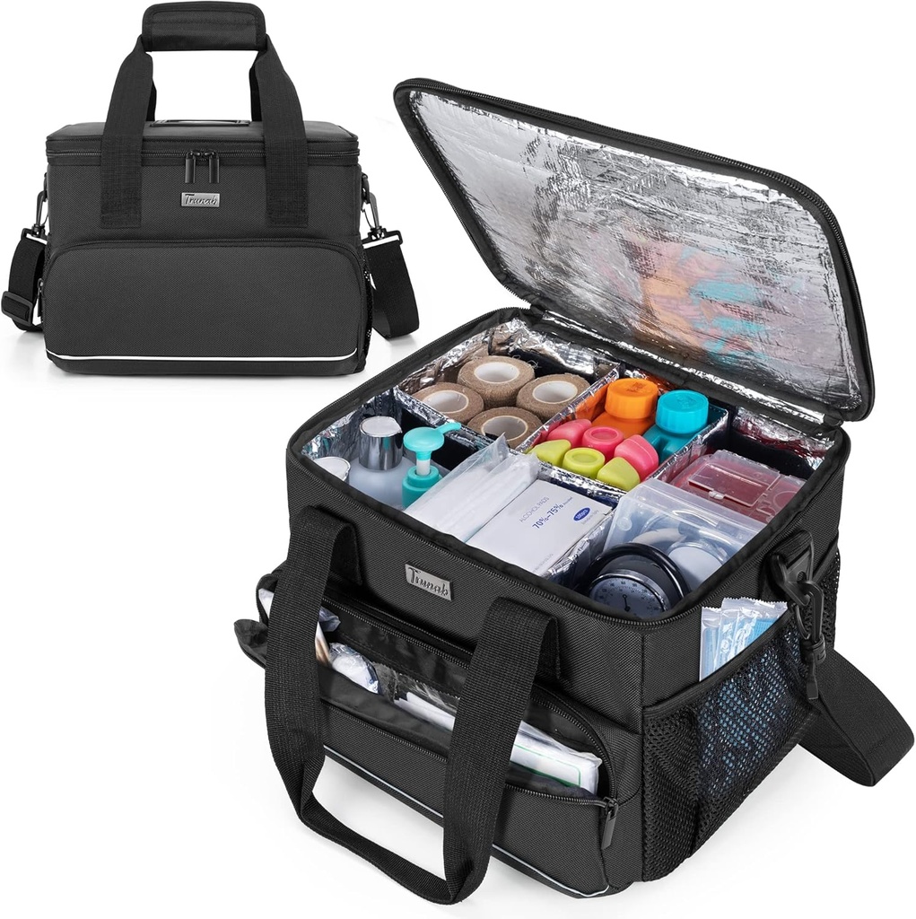 Trunab Bolsa médica aislada con divisores ajustables, suministros de medicina bolsa resistente al agua para el hogar, viajes, camping, bolsa vacía - Diseño patentado,Negro