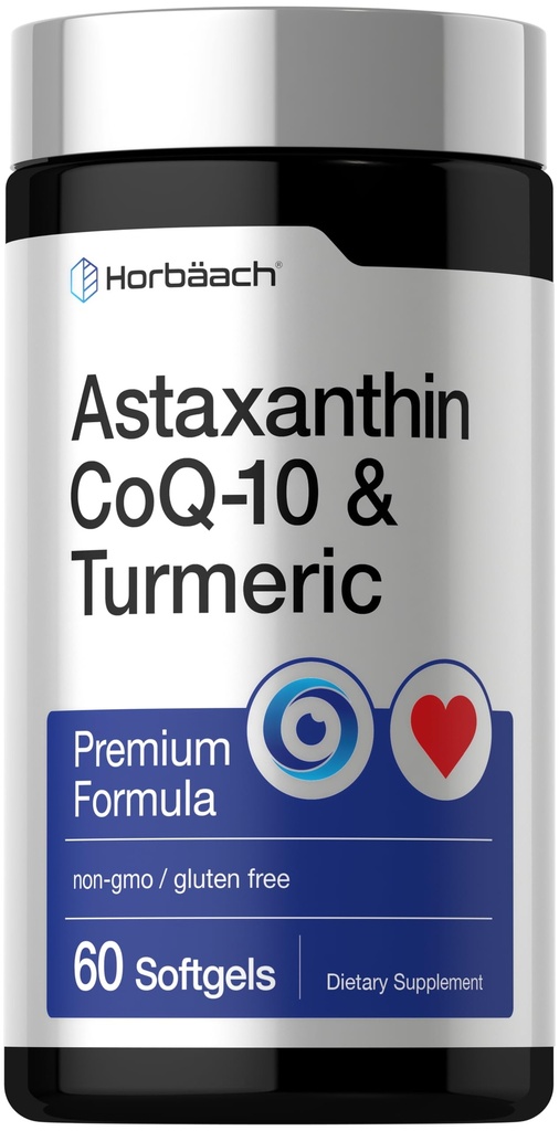 Horbäach Astaxanthin 12mg Silencio con CoQ-10 & Turmeric  60 Softgels  Premium Fórmula ← Non-GMO, Gluten Free Supplement