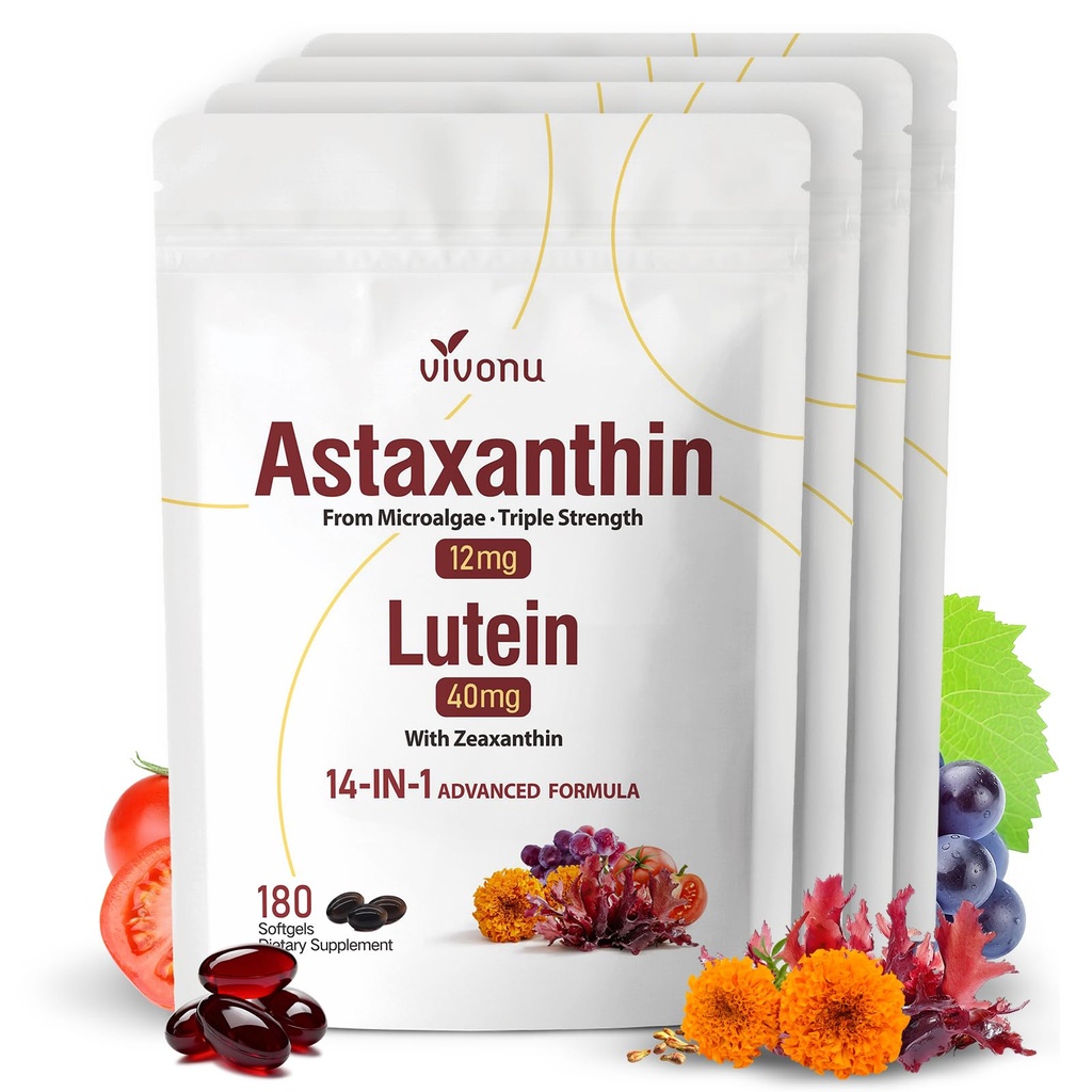 14-in-1 Astaxanthin 12mg " Lutein 40mg con suplementos de Zeaxanthin, fuente de 24 meses, fuente de microalgas frescas, soporta ojo, piel, antioxidante, articulación, salud circular, no GMO, sin gluten, 4 bolsa