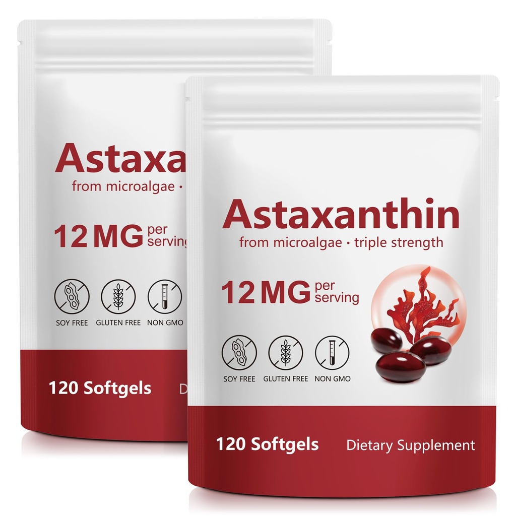 Astaxanthin 12mg, 120 Softgels, (2Pack)Premium Astaxanthin Antioxidant Suplementos con actividad antioxidante, soporta el ojo, la piel, la salud conjunta del sistema inmunológico, fuente de microalgas frescas, no GMO
