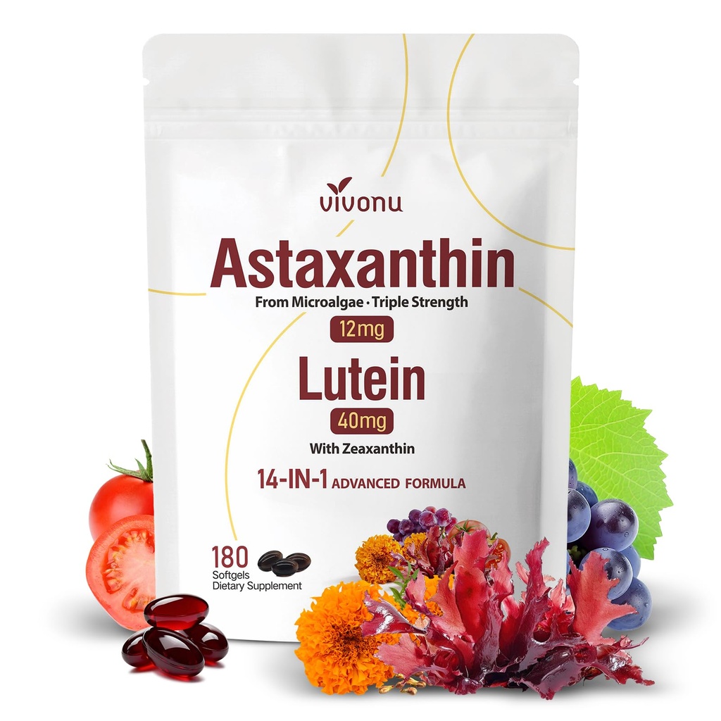 VivoNu Lutein 40mg con Zeaxanthin + Astaxanthin 12mg – 14-in-1 Eye Support &amp; Antioxidant Supplement – Lycopene, Grape Seed &amp; Vitamina E – 180 Softgels