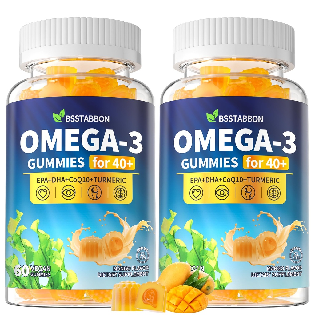 Omega-3 Gummies Suplemento para Adultos 40+: 1280mg Vegan Omega3 Fatty Acid DHA EPA con Vitamina D3 K2 Zinc Turmeric para el soporte general de salud - Fish Oil Alternative for Women Men(120Count)