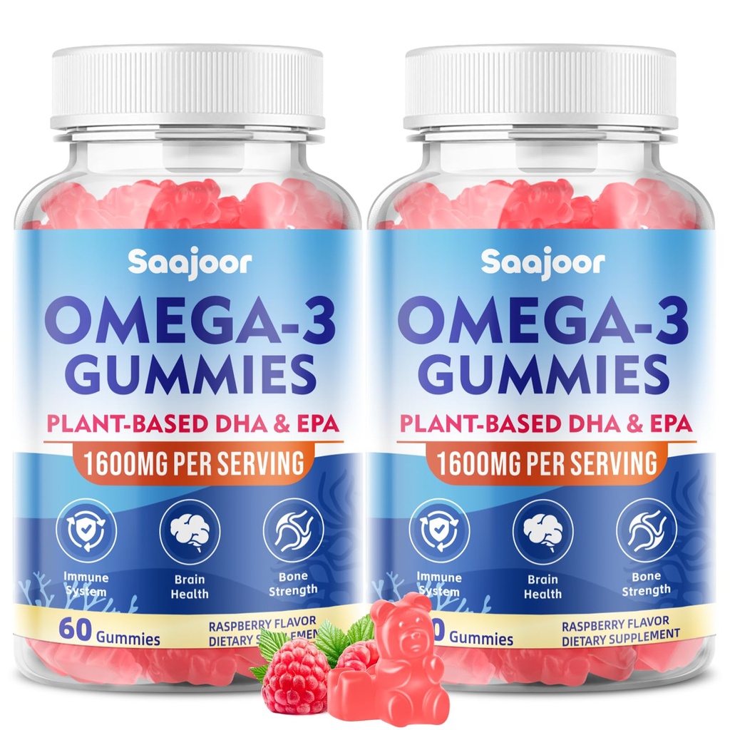 2 Pack Vegan Omega-3 Gummies1000mg para adultos - Suplemento gratis de azúcar con 400mg DHA &amp; 600mg EPA, vitaminas A, C, E y Zinc - 120 Cuenta