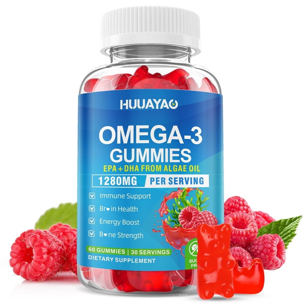Vegan Omega-3 Gummies 1028mg, Omega 3 Fish Oil Alternative for Adults w/EPA 400mg &amp; DHA 600mg &amp; Vitamina A, C, E Supports Brain, Eye &amp; Immune Health, Sugar Free, Raspberry Flavor, 60 Cuenta