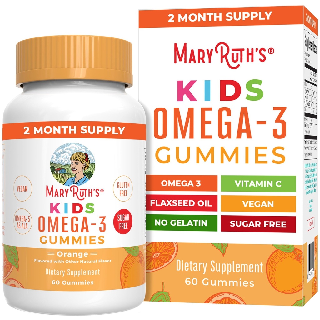 MARYRUTH'S Vegan Omega 3 Gummies for Kids 2+, 2 Month Supply, Sugar Free, Omega 3 Suplemento con Vitamina C, Flaxseed Oil, Immune Support, Essential Nutrient ALA, No Fish Taste, 60 Cuenta