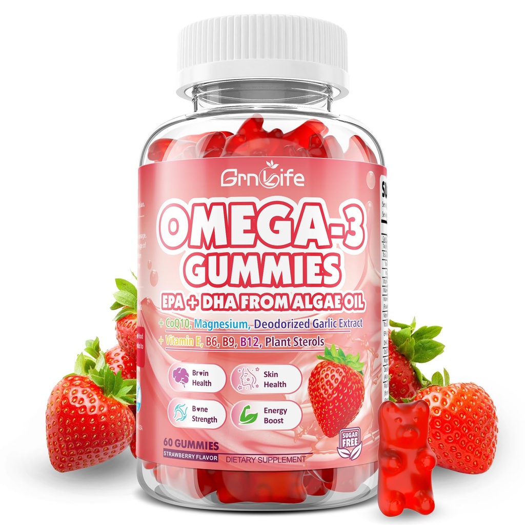 Vegan Omega 3 Gummies 1000mg + CoQ10 + Magnesio - w/Algae EPA 600mg & DHA 400mg, Fish Oil Omega-3 Suplementos Alternativa para Adultos, para Cerebro, Ojo, Salud Inmune, Sabor de Fresa, 60 Conde