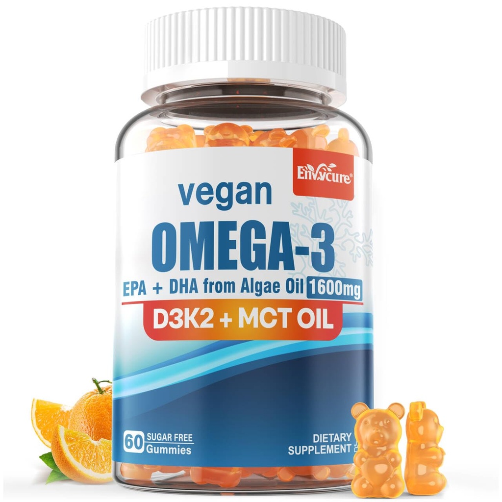 Vegan Omega 3 Gummies 1280mg + Vitamina D3 K2 (MK7), Omega 3 Fish Oil Alternative for Adults, w/Algae EPA 600mg &amp; DHA 400mg, MCT Oil - No Fish Taste - for Brain, Eye, Immune Health, Sugar Free, 1 Pack