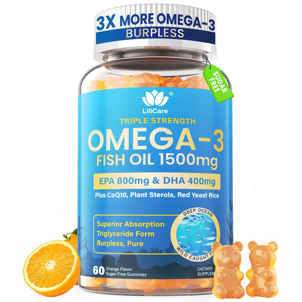 Fish Oil Omega 3 Gummies 1500mg para adultos - Triple fuerza con EPA & DHA, COQ10, Red Yeast Rice - Wild Caught Omega 3 Fatty Acids Suplementos para Hḙar-t & Brain - Sugar Gratis, Burpless, 60 Conde