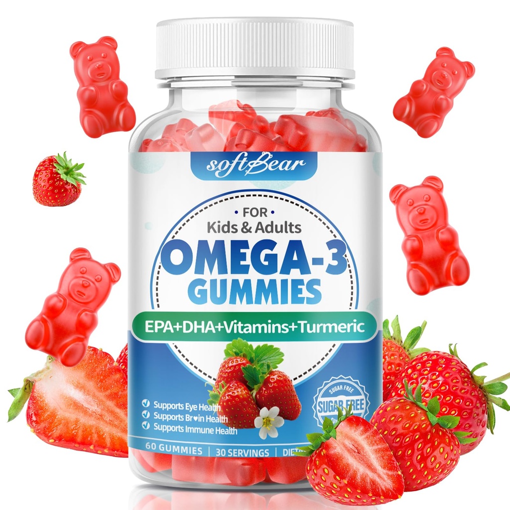softbear Omega 3 Gummies for Women &amp; Men & Kids Omega 3 Suplementos 1200mg Vegan Omega 3 ácidos grasos DHA EPA con vitaminas Soporte Eye &amp; Brain Health, Sugar Free, Strawberry Flavor 60 Cuenta