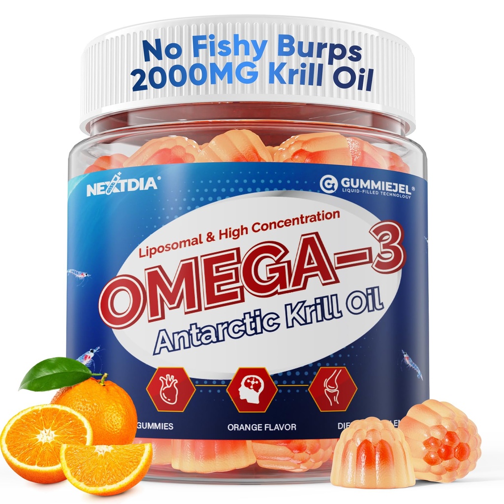 Liposomal Antártico Krill Oil Omega 3 Gummies 2000mg - Absorción de nivel celular Omega-3 con EPA, DHA " Astaxanthin - Antioxidante " Brain Support - Fish Oil Supplements Alternative - 60 Count