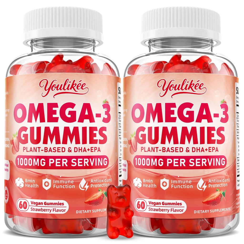 2 Pack Vegan Omega-3 Gummies 1000mg, Omega 3 Fish Oil Alternative for Adults, Plant Based DHA 460mg &amp; EPA 230mg w/Vitamin A, C, E, Strawberry Flavor, 120 Cuenta