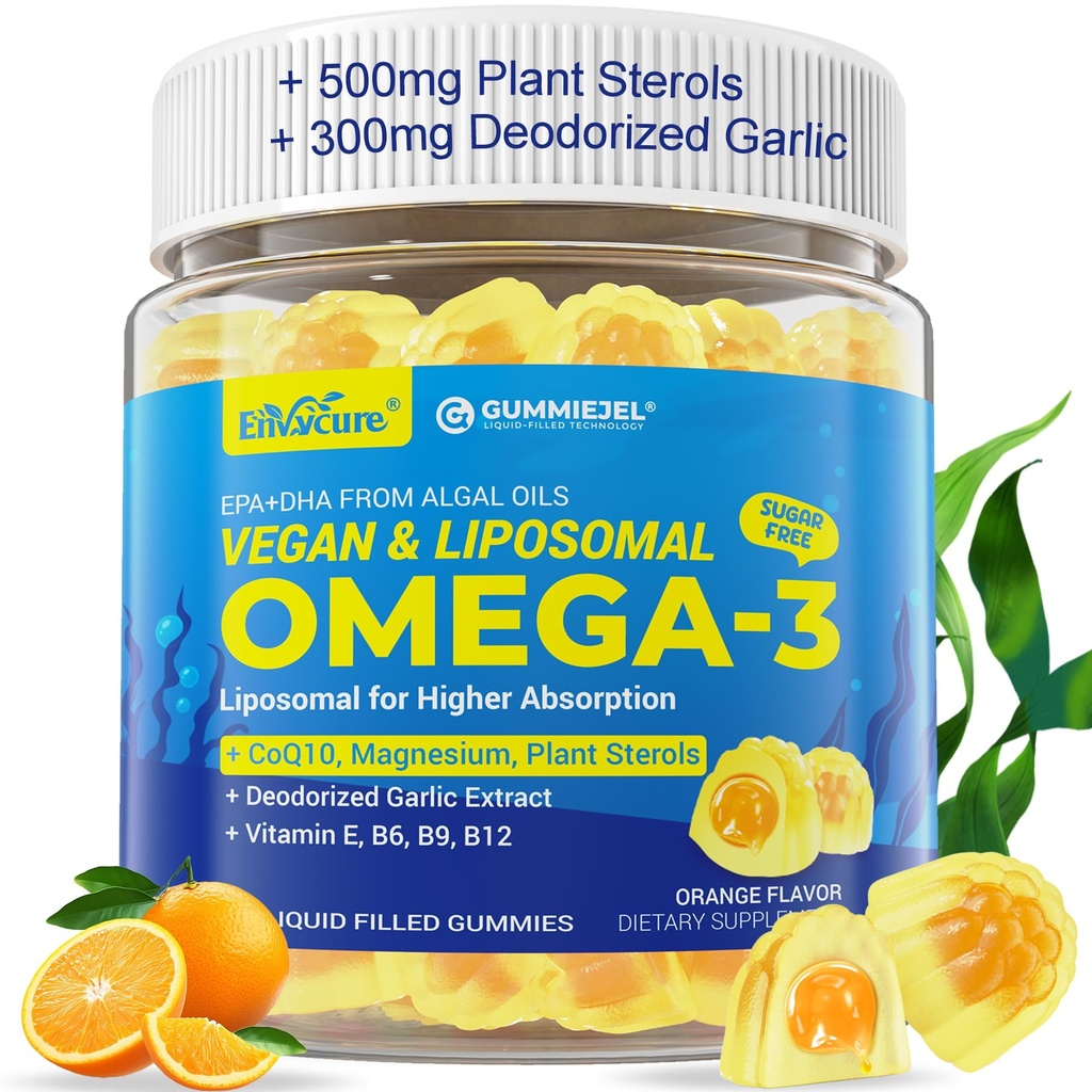 Vegan Omega-3 Gummies 1000mg +CoQ10+Magnesium- EPA 600mg & DHA 400mg, Fish Oil Omega 3 Suplementos Alternativa para Mujeres Hombre Adultos- Forma Liposómica -Algae- Plant Sterols, Ajo,B6,B9, B12, Sugar Gratis