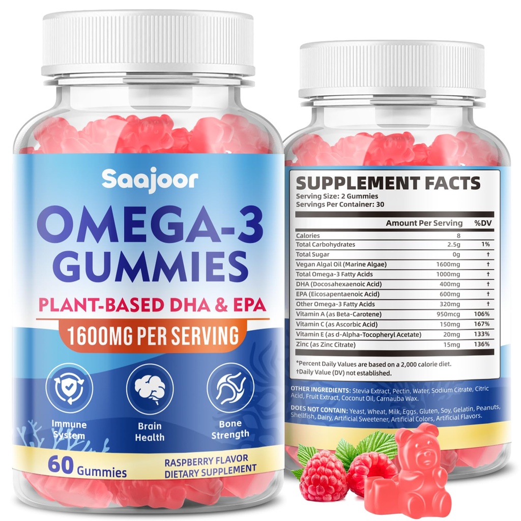 Vegan Omega-3 Gummies1000mg para adultos - Suplemento gratis de azúcar con 400mg DHA &amp; 600mg EPA, vitaminas A, C, E y Zinc - 60 Cuenta