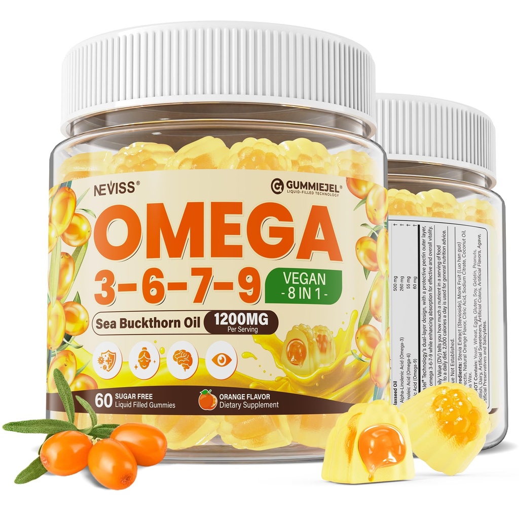 Omega 3-6-7-9 Gummies, Mar Orgánica Buckthorn Oil 1200MG & Flaxseed Oil 500MG, Vegan Omega 7 Suplemento w/Vitamin A, C, E, Fatty Acids, No Fish Taste, Supports Skin, Eye, Immune, Brain Health, 60 Cts