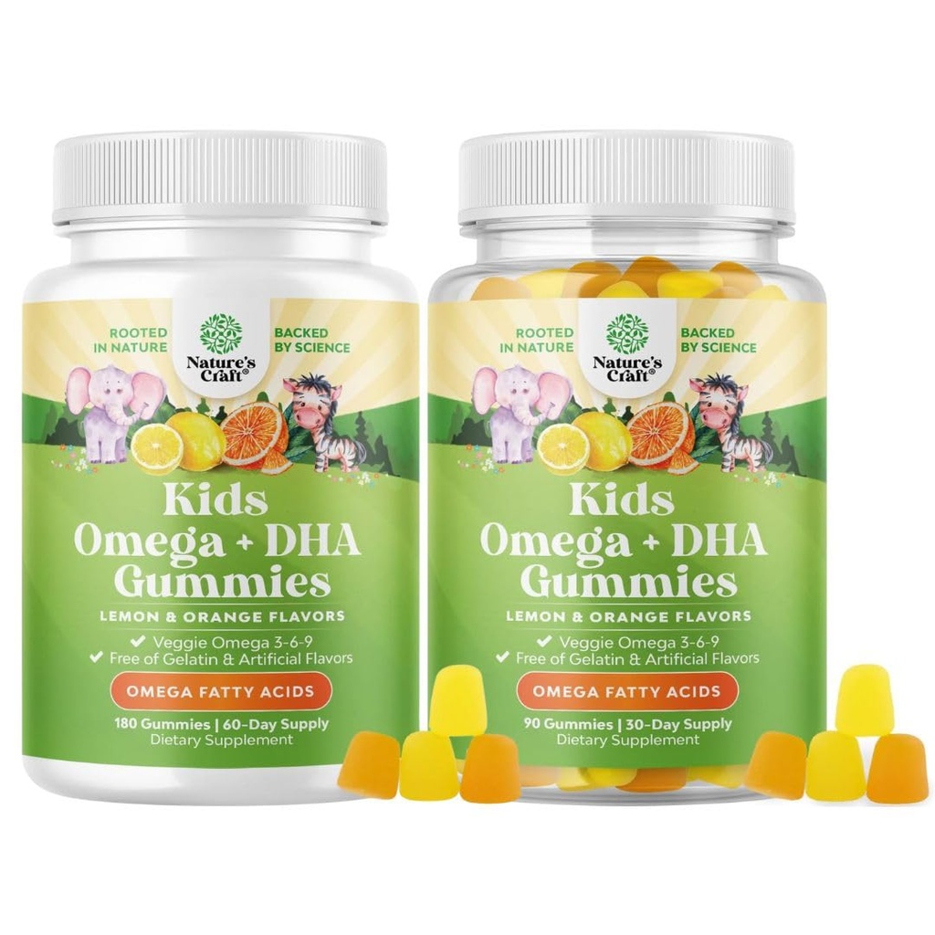 Bundle of Omega DHA Gummies for Kids - Fatty Acids Omega 3 6 9 with Vitamin C for Brain, Immunity & Vision - Nutritional DHA for Healthy Nervous System & Focus Support - Vegetarian &amp; Gluten Free