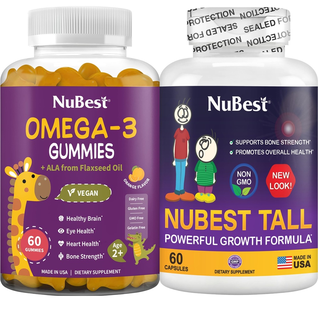 NuBest Bundle Bone Growth - Brain Growth: Omega 3 Gummies Tall New Look for Kids & Adolescents with Calcium, Collagen, Herbs, Omega 3 Flaxseed Oil