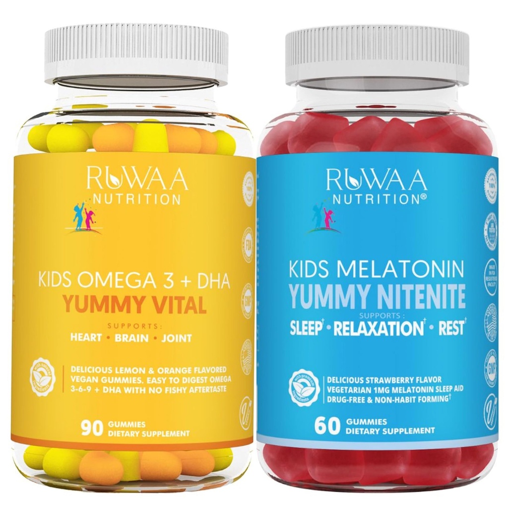 RUWAA NUTRITION Omega 3 Gummies, DHA Gummies y 1mg Melatonin Gummies Ø No Fish, No After-Taste, Non-Habit Forming, Gluten Free, Non-GMO, Made in USA.