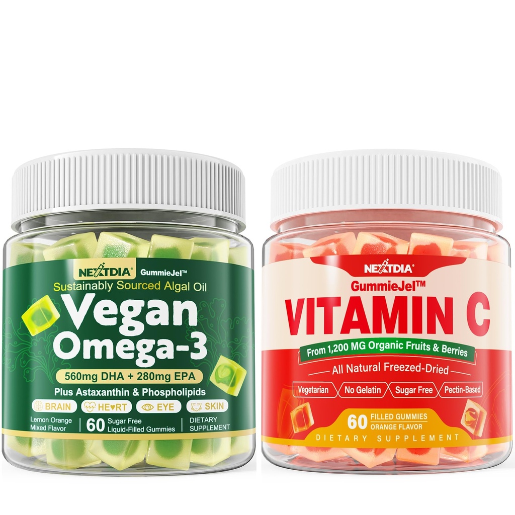 Nextdia Vegan Omega 3 Gummies + Whole Food Vitamin C Gummies for Adults &amp; Kids