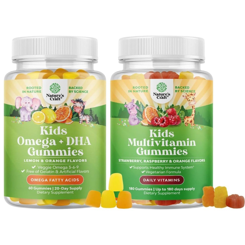 Bundle of Kids DHA Omega 3 Gummies - Fatty Acids Omega 3 6 9 para Brain, Immune Strength & Vision and Plant Based Kids Multivitamin Gummies with Vitamins A C D3 E B and Zinc for Immunity Support