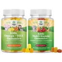 Bundle of Kids DHA Omega 3 Gummies - Fatty Acids Omega 3 6 9 para Brain, Immune Strength & Vision and Plant Based Kids Multivitamin Gummies with Vitamins A C D3 E B and Zinc for Immunity Support