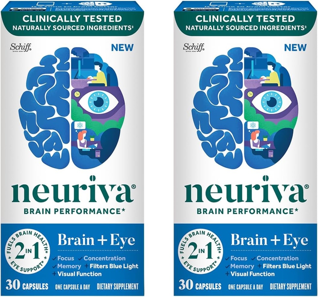 NEURIVA Suplemento Cerebro + Ojo para la memoria, Focus " Concentración con luteína clínica y Zeaxantina, Vitaminas A C & E + Zinc para la salud ocular " Filtro Blue Light 30 Contadores (2 Pack)