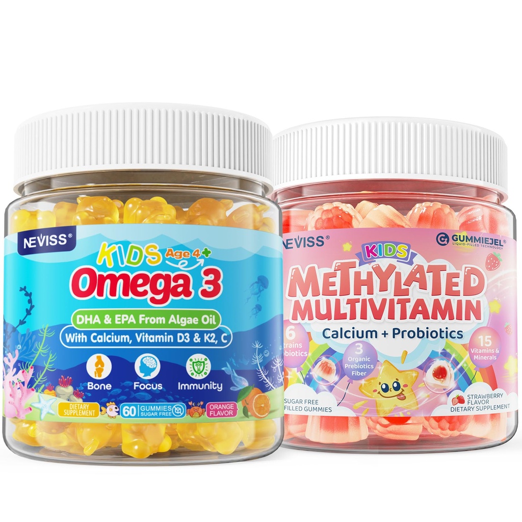Gummies multivitamínicas para niños con calcio, probióticos + Omega 3 Gummies con vitamina D3 &amp; K2, C, DHA