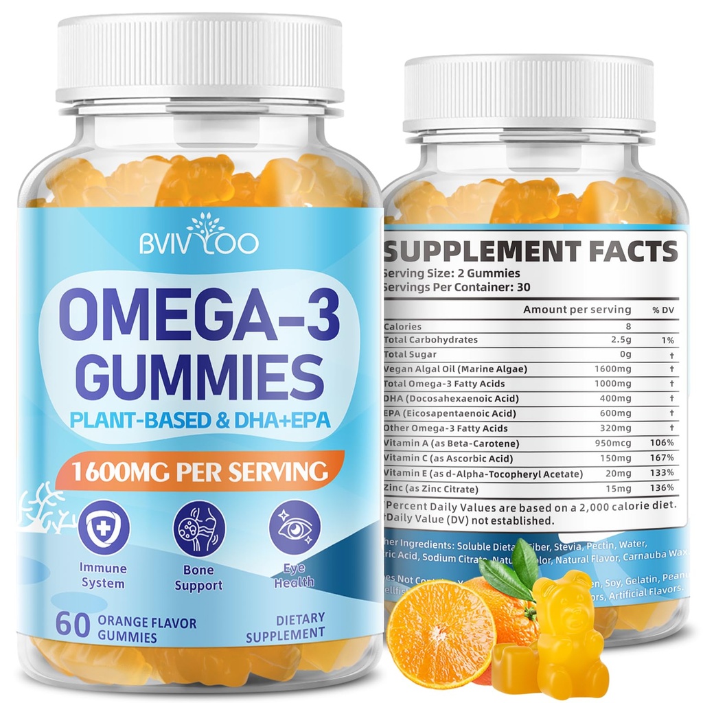 Vegan Omega-3 Gummies - 1600mg con 600mg EPA & 400mg DHA. Fórmula de alta absorción. Delicious Orange Flavor - 60 Gummies