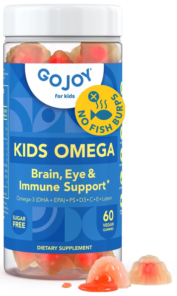 GOJOY Kids Omega 3 DHA Gummies – No Fish Burps, No Sugar – Brain, Eye & Immune Support – Plant-Based Omega-3 de Algae – Vegan, Clean DHA for Toddlers, Children &amp; Kids Ages 3+