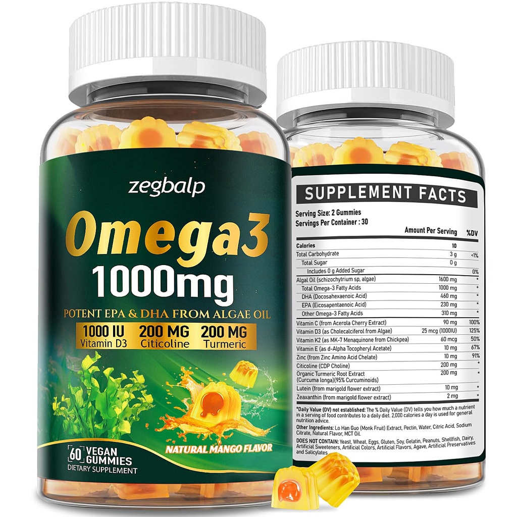 Omega-3 Suplemento Gummies para Hombres Mujer - 1000mg Vegan Omega3 DHA &amp; EPA con Turmérica, Vitamina D3, K2, Citicolina para la salud general - Algae Oil Omega 3 Suplementos de ácidos grasos, sin azúcar