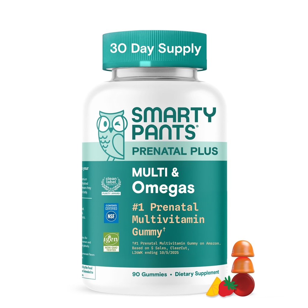 SmartyPants Prenatal Multivitamin Gummies with Omega 3 DHA/EPA, Methylfolate, Biotina, Vitaminas D3, C, B12, B6, A, K, y Zinc, Gluten Free, Clean Label, Two Fruit Flavors, 90 Gummies (30 Day Supply)