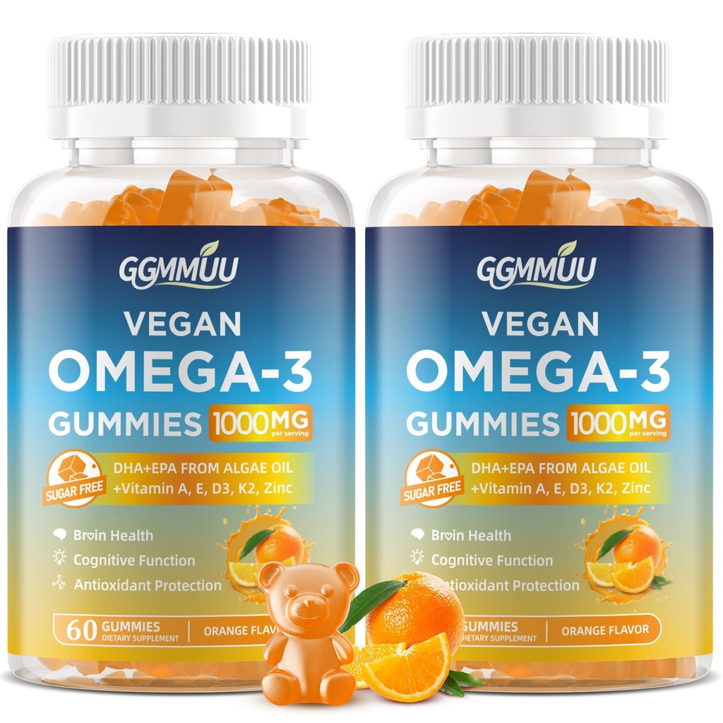 2 Pack Vegan Omega 3 Gummies 1000MG Algal Oil Omega 3 Suplemento para adultos con Algae DHA 600mg &amp; EPA 300mg Fish Oil Alternative - para el ojo &amp; Immune Health, Orange Flavor, 120 Cuenta