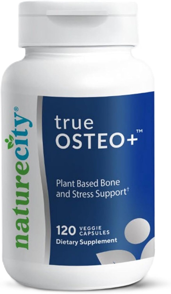 NatureCity True-Osteo Bone Support Supplement – Plant-Based Formula with AlgaeCal Calcium, Magnesium, Vitamina D3, K2 " Silicon tención Gentle on Stomach (120 Veggie Capsules)