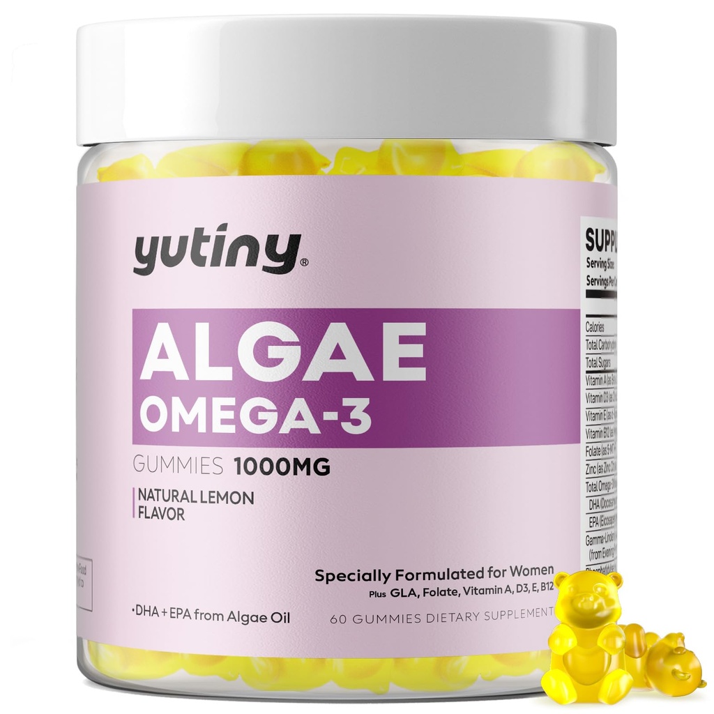 Vegan Omega 3 Gummies for Women, Algae Omega 3 1000mg Suplemento con DHA, EPA, GLA, Vitamina A, E, B12, Folate, Skin &amp; Brain Health, Sugar Gratis, 60 Cuenta
