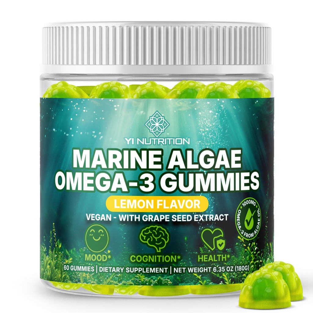 Marine Algae Omega 3 Gummies con 3400mg+ TEN DHA/EPA/ALA, 20:1 Grape Seed Extract, Vitamina C &amp; Folate ANTE Corazón, Cerebro &amp; Esquía  durable Plant-Based, Sugar-Free, 60 Ct