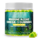 Marine Algae Omega 3 Gummies con 3400mg+ TEN DHA/EPA/ALA, 20:1 Grape Seed Extract, Vitamina C &amp; Folate ANTE Corazón, Cerebro &amp; Esquía  durable Plant-Based, Sugar-Free, 60 Ct