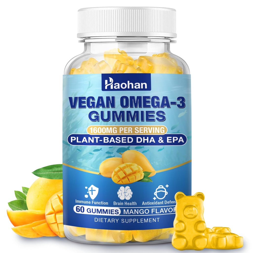Omega-3 Gummies para adultos, sabor a naranja – libre de azúcar, Algae-Derived DHA 600mg &amp; EPA 300mg, con vitaminas A, C, E, Zinc, 60 Gummies