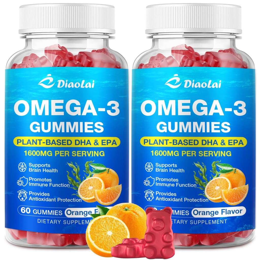 2 Pack Vegan Omega-3 Gummies para adultos - Sin azúcar, Algae-Based DHA 600mg &amp; EPA 300mg, con vitaminas A, C, E, Zinc – Omega 3 Fish Oil Alternative, 120 Cuenta