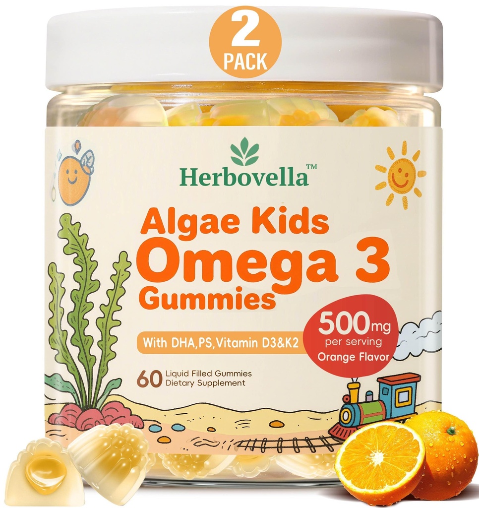 Niños Omega 3 Gummies 2 Pack, Vegan Algae DHA 420mg con PS, Vitamina D3 K2, Sugar Gratis, No Fish Oil, Brain & Focus Support for Kids, 120 Gummies