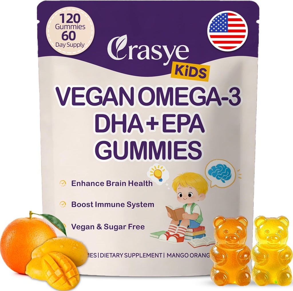 Omega 3 Gummies para niños y adolescentes - Sugar Free Omega DHA &amp; EPA Suplemento Gummy para niños Cerebro e inmunidad - No Fish Burps, Vegan - 120 Gummies