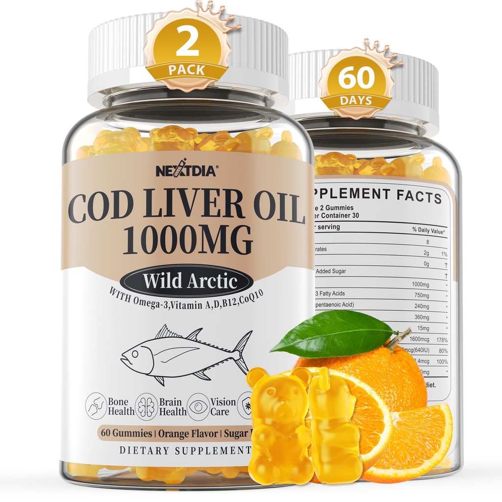 Cod Liver Oil 1000mg Gummies for Adults &amp; Kids, with Vitamin A &amp; D3 - Omega 3 Fish Oil Supplement - DHA 360mg &amp; EPA 240mg for Brain, Bone, Eye &amp; Immune Health, Sugar Free, 120 Count
