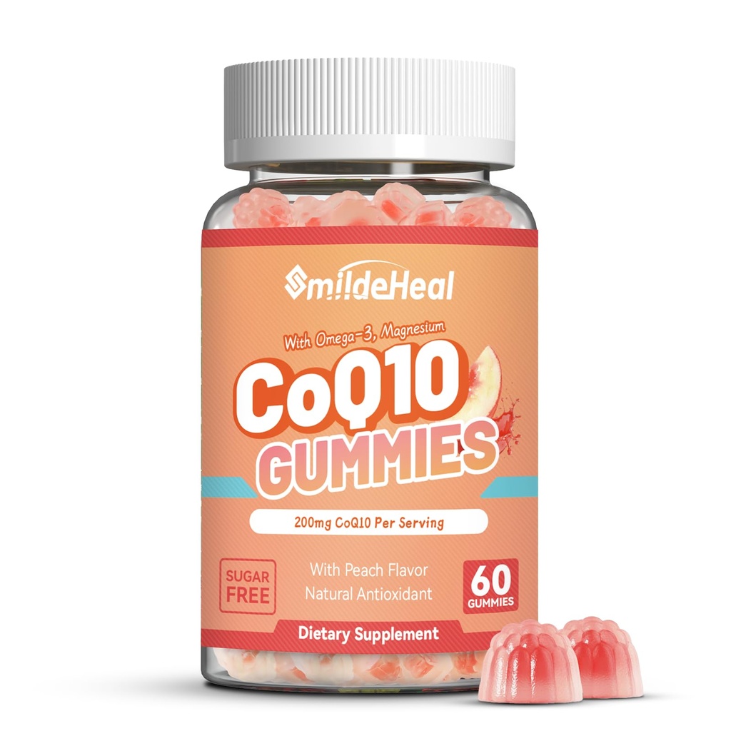 CoQ10 Gummies 200mg con Omega-3, EPA + DHA, & Magnesium - Coenzyme Q10 Suplementos para la salud del corazón, energía celular y antioxidante, Vegan - 60 Gummies