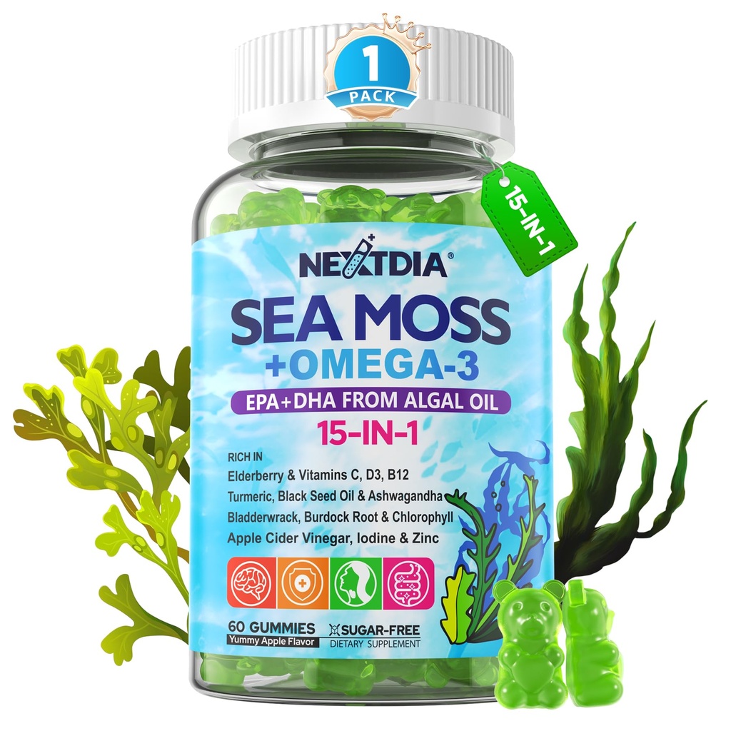 Mar Moss Gummies + Algae Omega-3 para hombres mujeres, sin azúcar Vegan 15-IN-1 Irlandés Seamoss Superfood con/EPA DHA, Vitaminas B12 D3, Turmérico, Elderberry, Burdock Root, Apoyo Energía, Cerebro, Immune 1 Pack