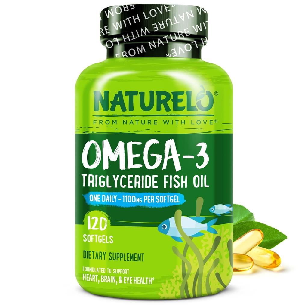 NATURELO Burpless Omega 3 Fish Oil Suplemento - 1100mg Triglyceride Omega-3, EPA + DHA, Liquid Fish Oil for Heart, Eye, Brain, Joint Health - 120 Softgels, 4 Months Supply